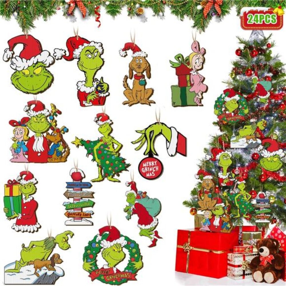 24pcs Grin-ch Xmas Tree Ornaments, 2024 Wooden‎ Hanging Christmas Tree Decor